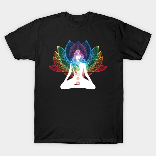 Rainbow Lotus Flower With Chakras Aligned Meditating Bohemian Girl T-Shirt by glintintheeye